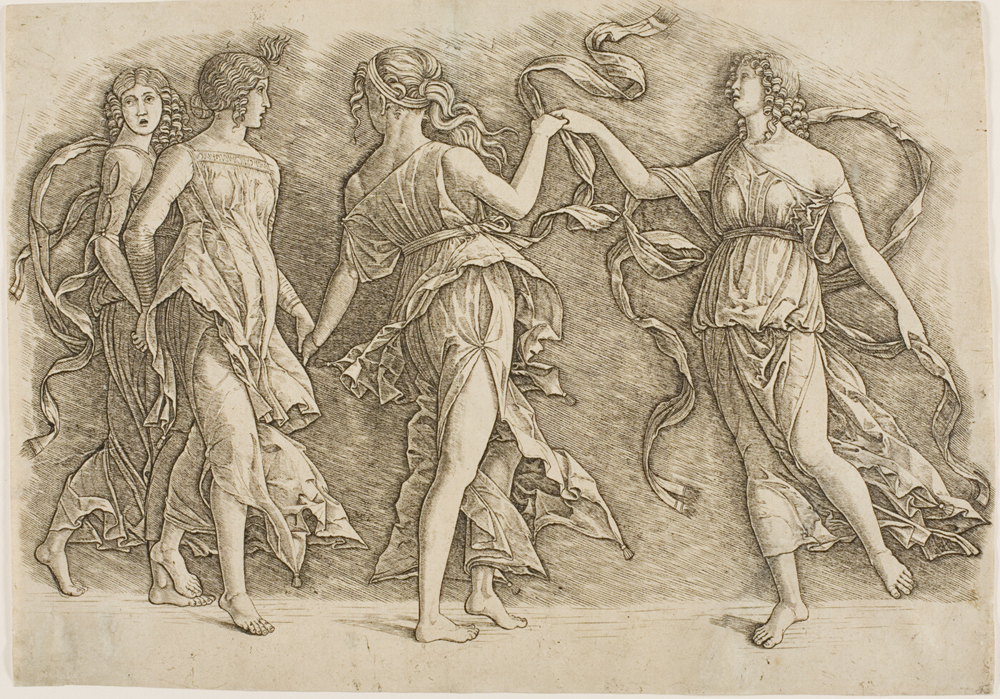 Andrea Mantegna, Four Women Dancing, about 1497. Art Institute of Chicago, public domain.