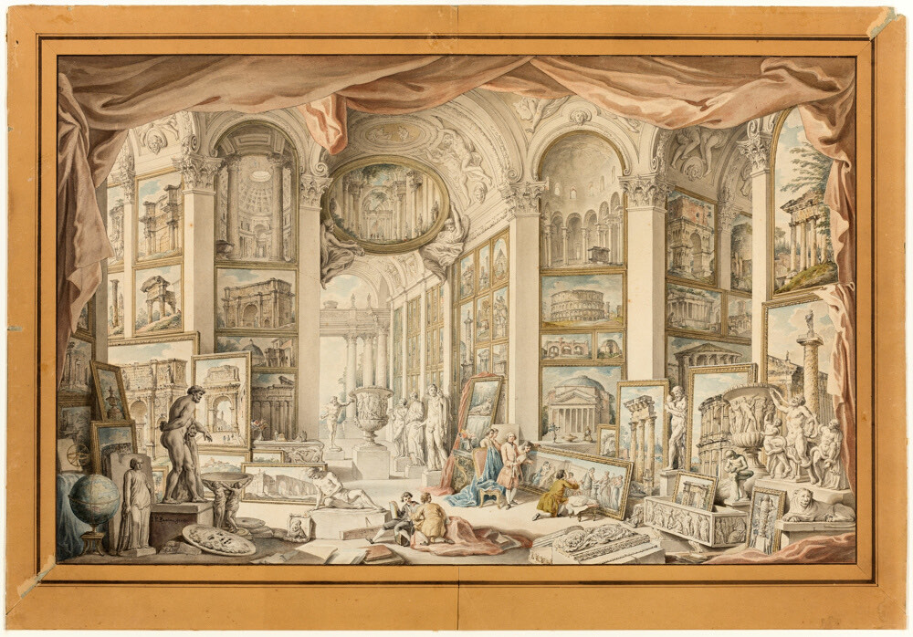 Giovanni Paolo Panini, Roma Antica, 1757. A gallery hung wall to wall with paintings of Roman ruins.